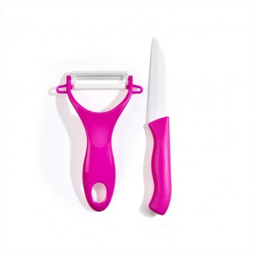 Set de 1 Cuchillo y 1 Pelador con Hoja de Cerámica y Mango Ergonómico Color Rosa Set de 1 Cuchillo y 1 Pelador con Hoja de Cerámica y Mango Ergonómico Color Rosa