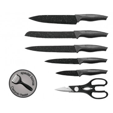 Set 5 cuchillos, 1 pelador y Tijeras Acero Inoxidable Mango Ergonómico Set 5 cuchillos, 1 pelador y Tijeras Acero Inoxidable Mango Ergonómico